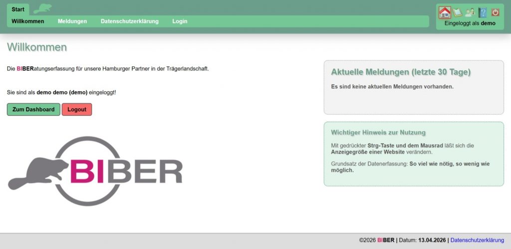 BIBER Webanwendung | Willkommen