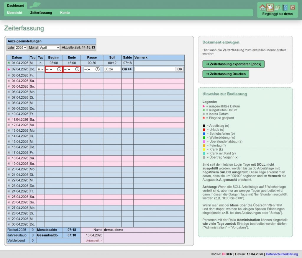 BIBER Webanwendung | Zeiterfassung (Modul "Dashboard")